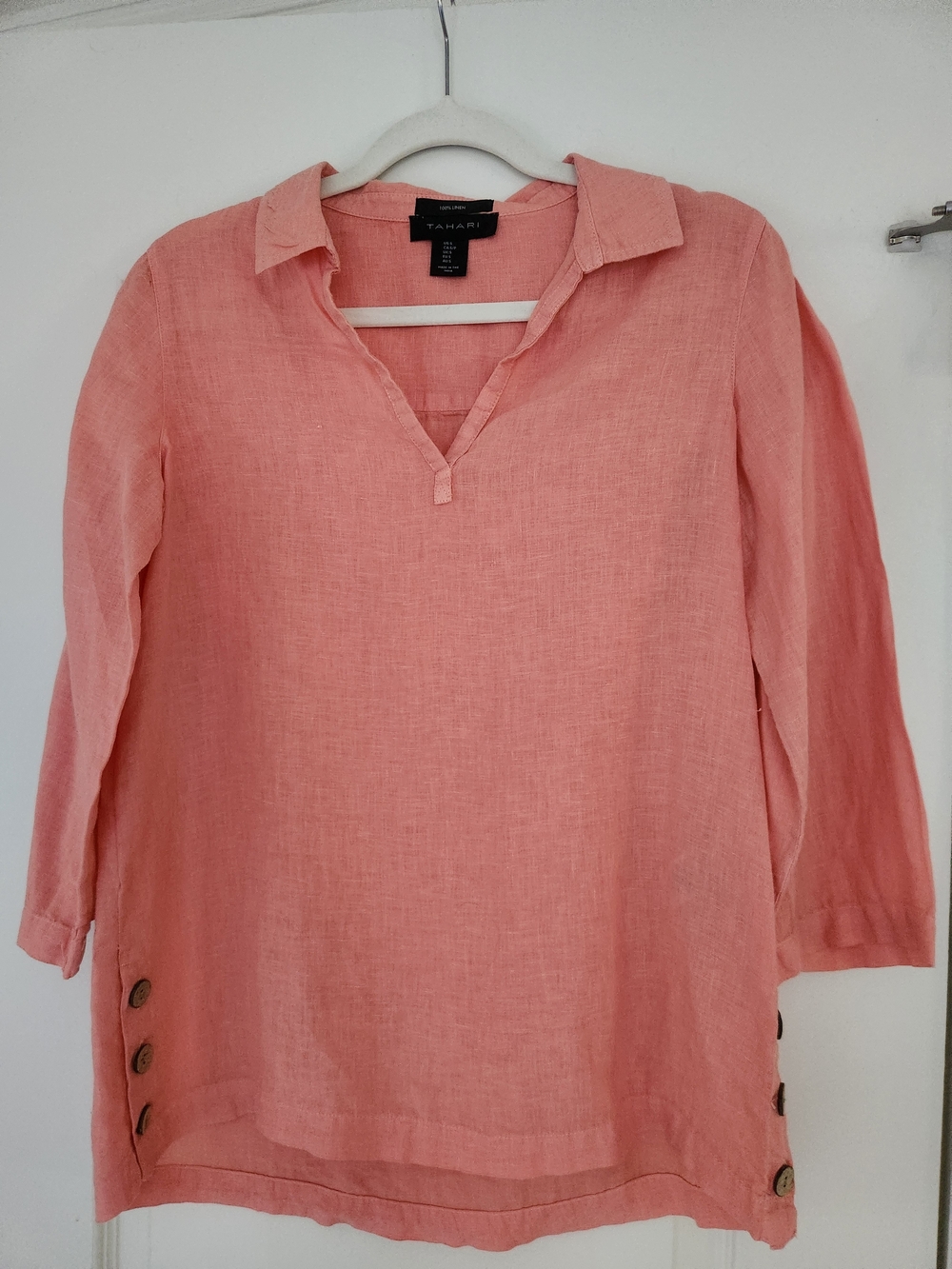 Tahari Coral Pink Linen Split-Neck Tunic with Button Side Detail Size SMALL